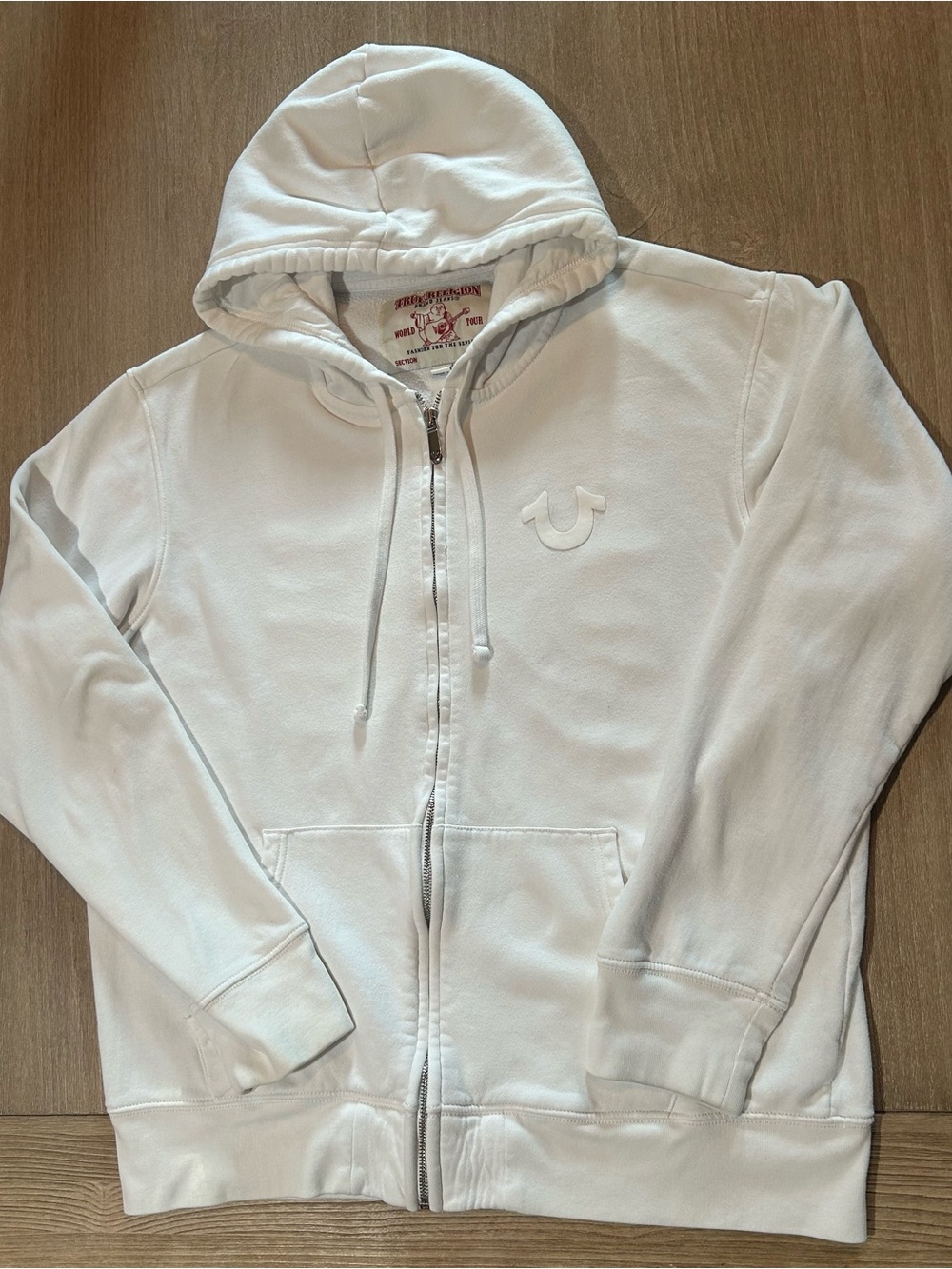 True Religion All White Tonal Puff Print Buddha Zip Up Sweatshirt Size XL